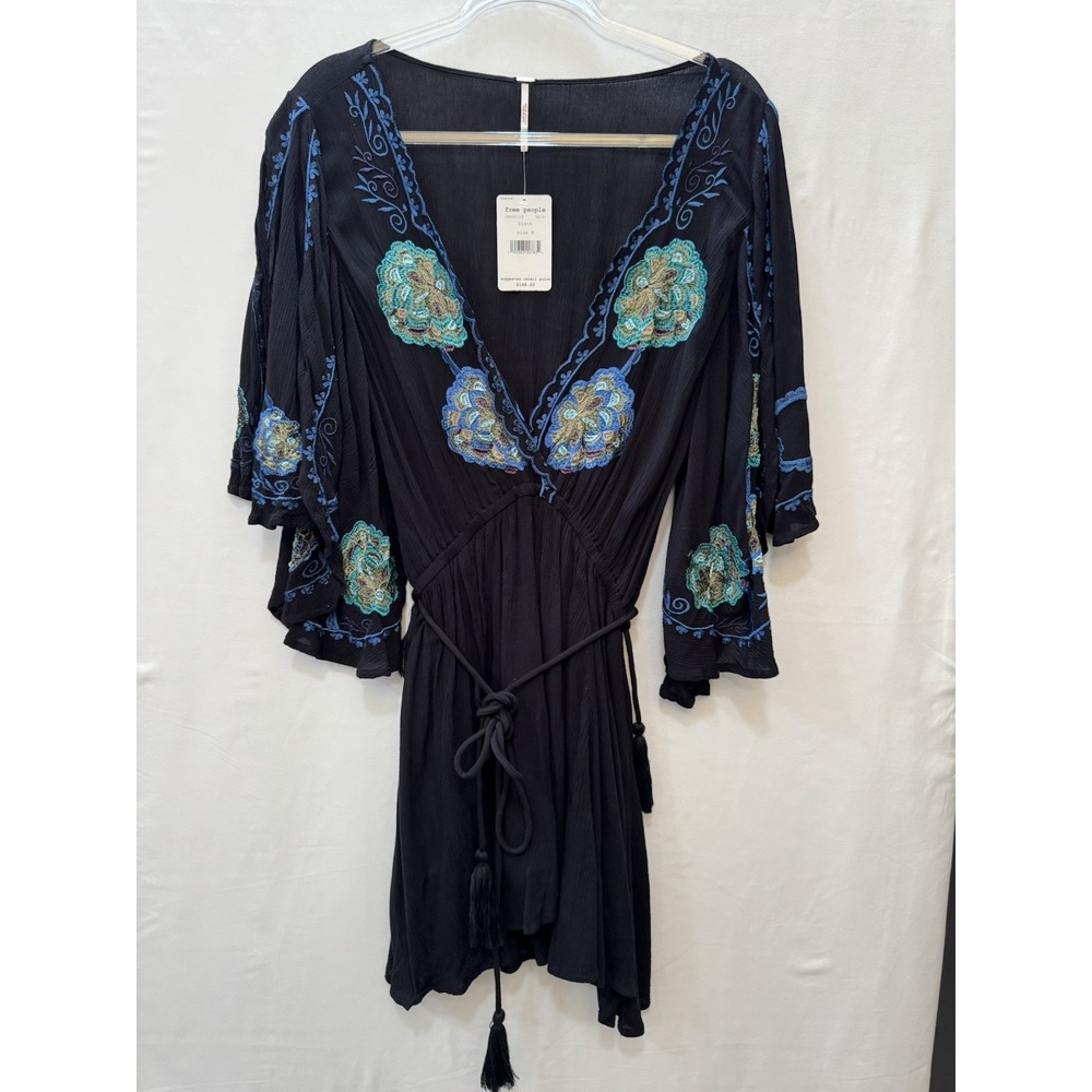 Free People Women's Sz M Cora Embroidered Mini Dress Black Blue Floral Boho NWT